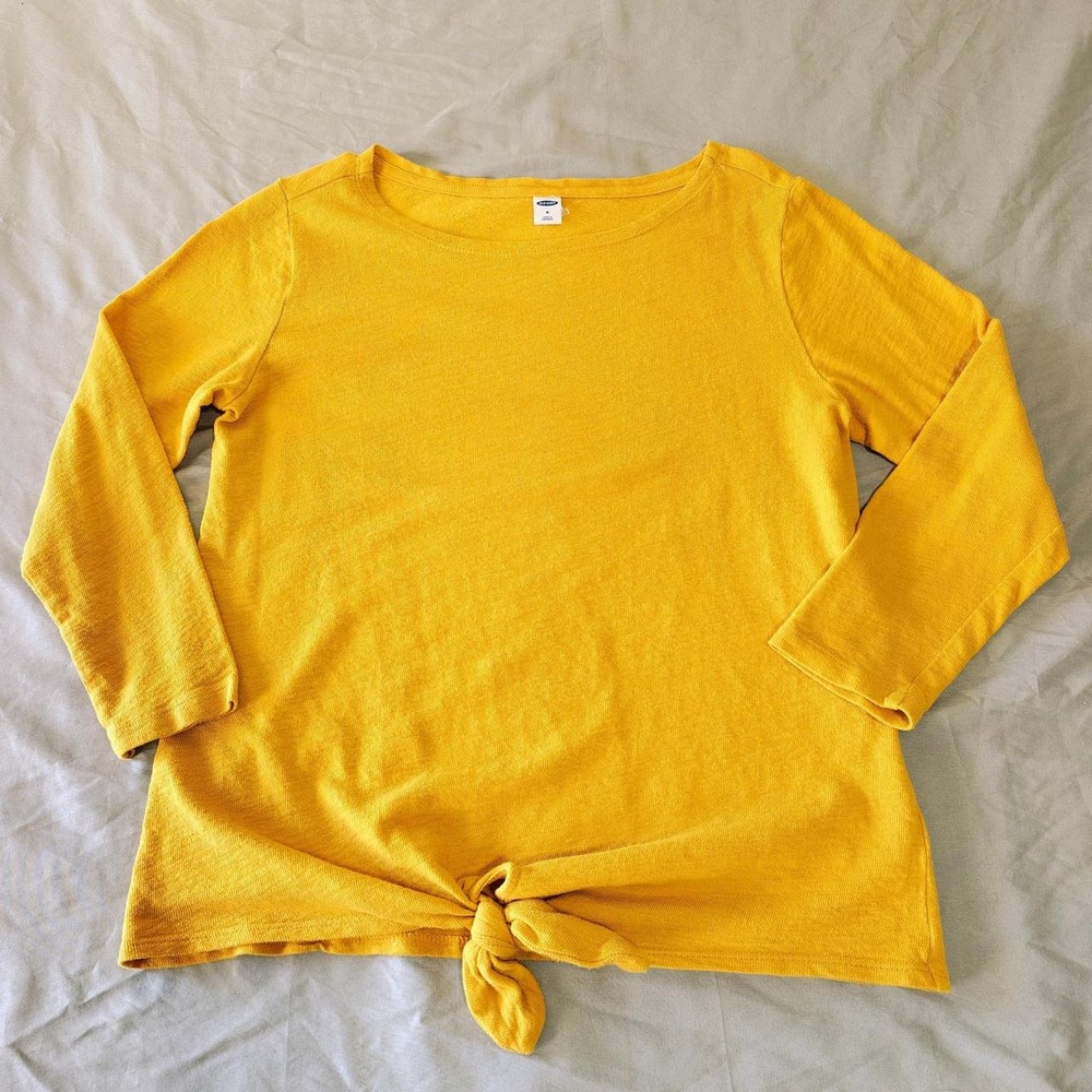 Old Navy Womens Yellow Long Sleeve Front Tie Knot Hem Slub Cotton Top Size M